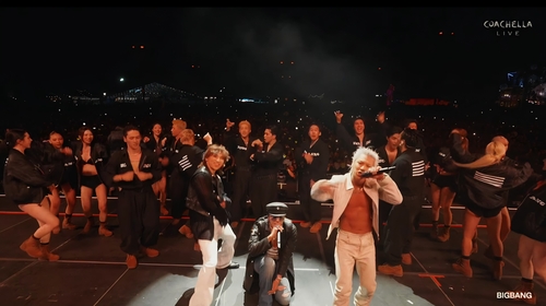 This image captured from the YouTube channel of the Coachella Valley Music and Arts Festival shows K-pop group BIGBANG performing at the festival in Indio, California, on April 12, 2026. (PHOTO NOT FOR SALE) (Yonhap)